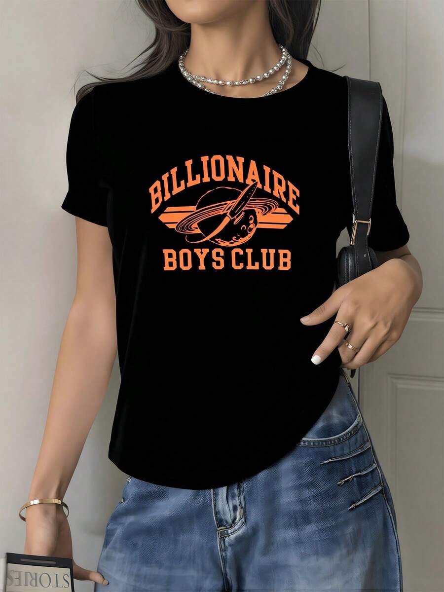 Planet With Rings And Rocket Symbolizing The Drive Towards Dreams And Success In A Universe Of Freedom. Women's Short-Sleeved T-Shirt, Comfortable And Casual For Stylish And Modern Everyday Wear. - 黑色 - 查看 1
