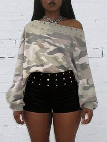 Womens Studded Fold Over Waist Shorts Y2k Low Waist Rivet Micro Shorts Slim Fit Boyshorts Goth Rave Costumes Mini Bottoms Casual Stylish Rivet Design Hot Pants Streetwear Party Clubwear - F619-黑色 - 查看 3