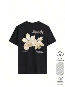 This Short-Sleeve Crew Neck T-Shirt With A Colorful Letter And Floral Print Is A Fashionable And Versatile Choice For Women In Summer. The Graphic Tee Comes In White And Pink, Perfect For Vacation Wear. 100% Cotton - 黑色 - 查看 3