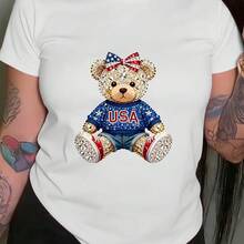 Women's T-Shirt, 100% Cotton, American Teddy Bear And 4th Of July Graphic Print, Short Sleeve, Round Neck, Casual Top For Summer And Spring, Women's Clothing - 白色 - 查看 7