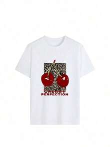 Women's Round Neck Short Sleeve T-Shirt With Leopard Print, Cherries And Lettering, Comfortable Loose Fit, Casual Everyday Wear, Ideal For Summer And Youthful Daily Use YV3S - 白色 - 查看 2