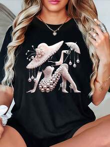 2026Regalo del Día de la Madre Mujer Camiseta de manga corta de cuello redondo de verano - Impresión de perla Diseño de dibujos animados Casual Camiseta negra transpirable lavable en máquina para ropa casual, Camisetas para damas, Ropa de ocio, Perla deco - Negro - Ver 1