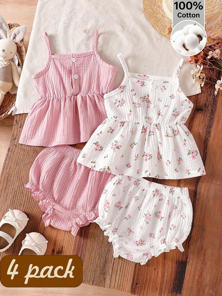 4pcs Baby Girl Floral Print Sleeveless Top + Ruffle Hem Shorts Soft Fabric Summer Infant Toddler Outfit - Multicolor - View 1