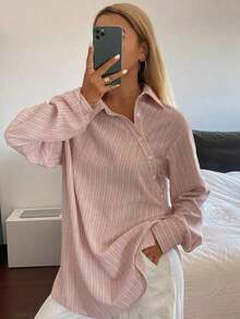 Camisa holgada de mujer con rayas y cuello de solapa - Negro - Ver 2