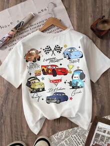 Disney Licensed Cars Lightning McQueen & Friends Character Collage Double-Sided Print Kids' T-Shirt, Short-Sleeved Casual Top, Cute Themed Printed Tee, Perfect For Daily Wear, School Activities, Family Outings, Theme Park Visits And Holiday Gifts, Shipped From Local Warehouse - trắng - Xem 5