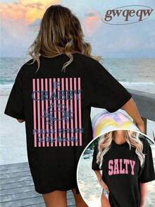 Women's Graphic T-Shirt "If You're Grumpy, Please Go Back To The Beach" With Salty Print, 100% Cotton, Double-Sided Print, Casual Summer Style, Plus Size | Summer Clothes | Vacation Clothes - Women's World Cup Print T-Shirt, 100% Cotton, Short Sleeve, Crew Neck, Casual Style - 黑色 - 查看 6