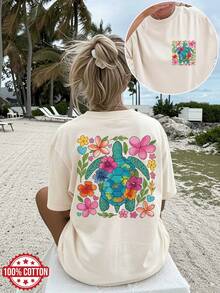 [Double-Sided Print] Women's Summer Clothes, Vintage Style Loose Fit T-Shirt With Floral Turtle Print, Short Sleeve, Round Neck, Pure Cotton, Plus Size, Drop Shoulder - 杏色 - 查看 7
