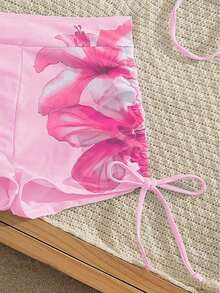 Conjunto de bikini de 3 piezas/set: Top halter casual y sexy con cubierta de malla floral transparente, Bottom de traje de baño con lazos laterales, tela con estiramiento moderado, adecuado para vacaciones, playa, actividades en la piscina, fiestas en la playa, vacaciones de verano - Multicolor 6 - Ver 4