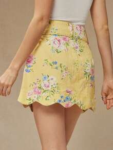 Falda vaquera mini de línea A con estampado de flores, de algodón 100%, con botones delanteros y cintura alta con volantes. Casual, linda, para otoño, invierno, estilo bohemio, western para mujeres, para conciertos de música country - Amarillo claro - Ver 5