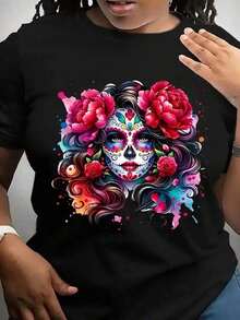 Women's Floral Print T-Shirt For Day Of The Dead, Vibrant Floral Design In Pink And Blue, Casual Crew Neck T-Shirt For Spring, Summer And Autumn, Machine Washable, Perfect For Casual Outfits, Parties And Festivals - 黑色 - 查看 1