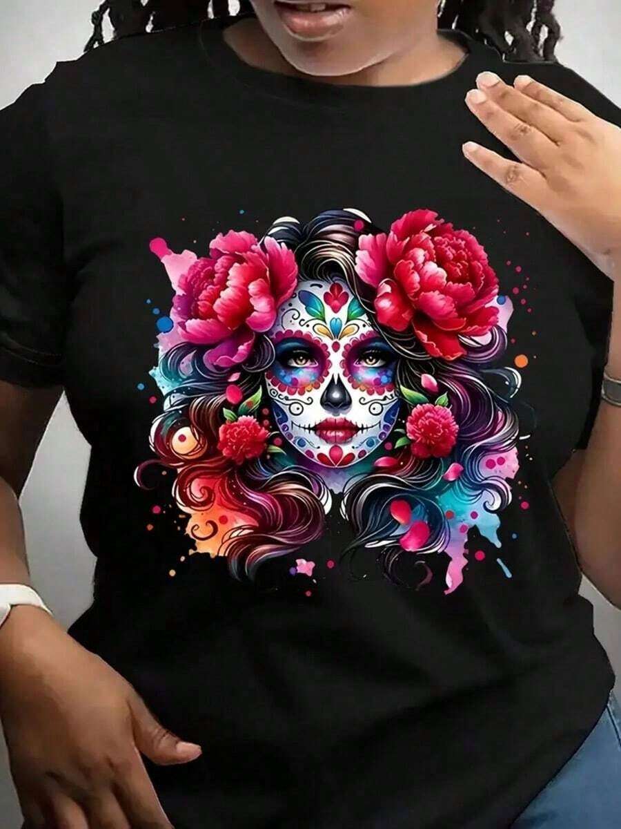 Women's Floral Print T-Shirt For Day Of The Dead, Vibrant Floral Design In Pink And Blue, Casual Crew Neck T-Shirt For Spring, Summer And Autumn, Machine Washable, Perfect For Casual Outfits, Parties And Festivals - 黑色 - 查看 1