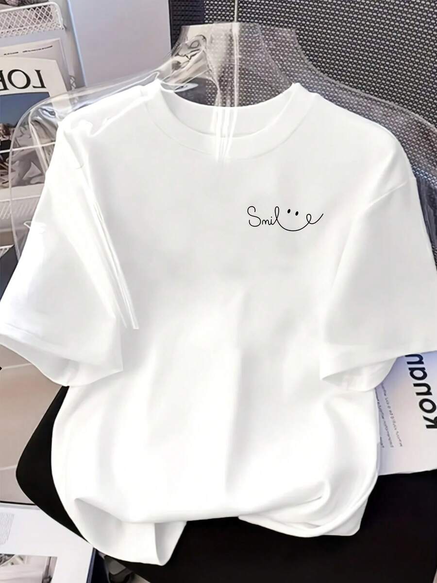 Short Sleeve Front Panel, Smile Print, Smile Print Women's Casual Short Sleeve Top With Round Neck - Women's Clothing, Comfortable Fit, Classic Design Tee - 白色 - 查看 1