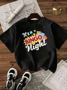 Camiseta de Mujer Casual con Cuello Redondo, Opciones en Blanco y Negro, Estampado Gráfico de Bingo Night, Camisetas Divertidas para Fiesta, Tops de Verano, Camisetas Gráficas, Conjuntos de Verano para Mujer, Camisetas Cortas para Mujer, Tops Vintage de Algodón, Ropa Linda para Mujer, Playera Holgada para Mujer - Negro - Ver 2