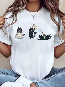 Under The Radar Women's T-Shirt With Cat, Wedding Cake And Rings Print, Crew Neck, Casual Loose Fit For Everyday Wear, Gift Idea - Vintage Urban Style, Unisex Cotton Short Sleeve Crew Neck T-Shirt - 白色 - 查看 6