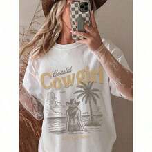 Women's Lightweight Summer Casual Graphic T-Shirt, Retro Beach Denim Style With Palm Tree Print, Soft Cotton Short Sleeve T-Shirt, Loose Fit, Bohemian Style, Country Western Clothing For Women, 100% Cotton. - 白色 - 查看 6