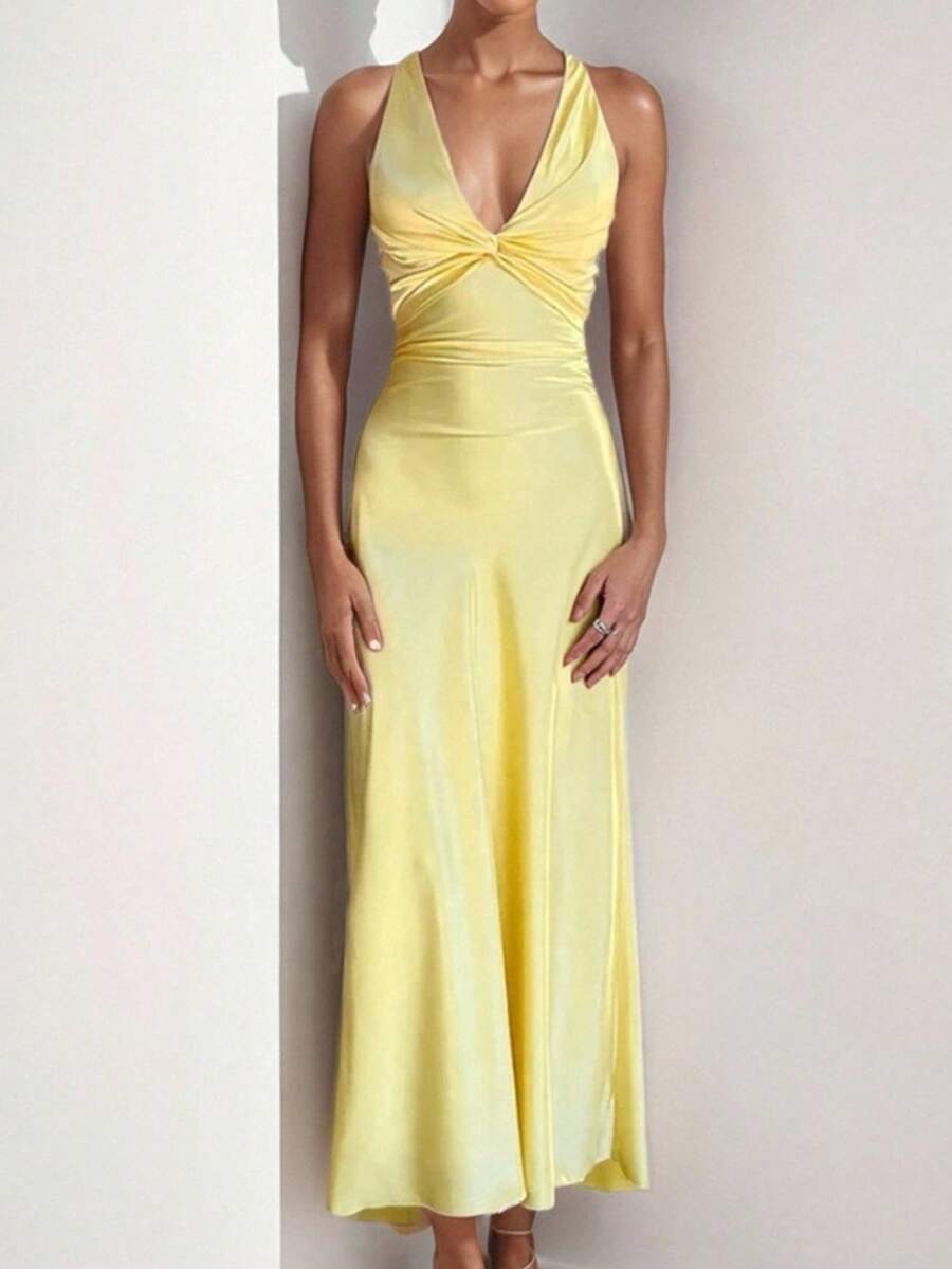 Elegant And Sexy Fitted V-Neck Pleated Maxi Dress, Spring 2026 Fashion, European Style For Modern Women - 黃色 - 查看 1