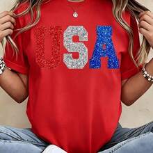 100%CottonGlitter Usa Patriotic T Shirt Red White And Blue Sparkle Print For Independence Day Celebration Party WearBreathable Cotton Tee, All Match - 紅色 - 查看 11