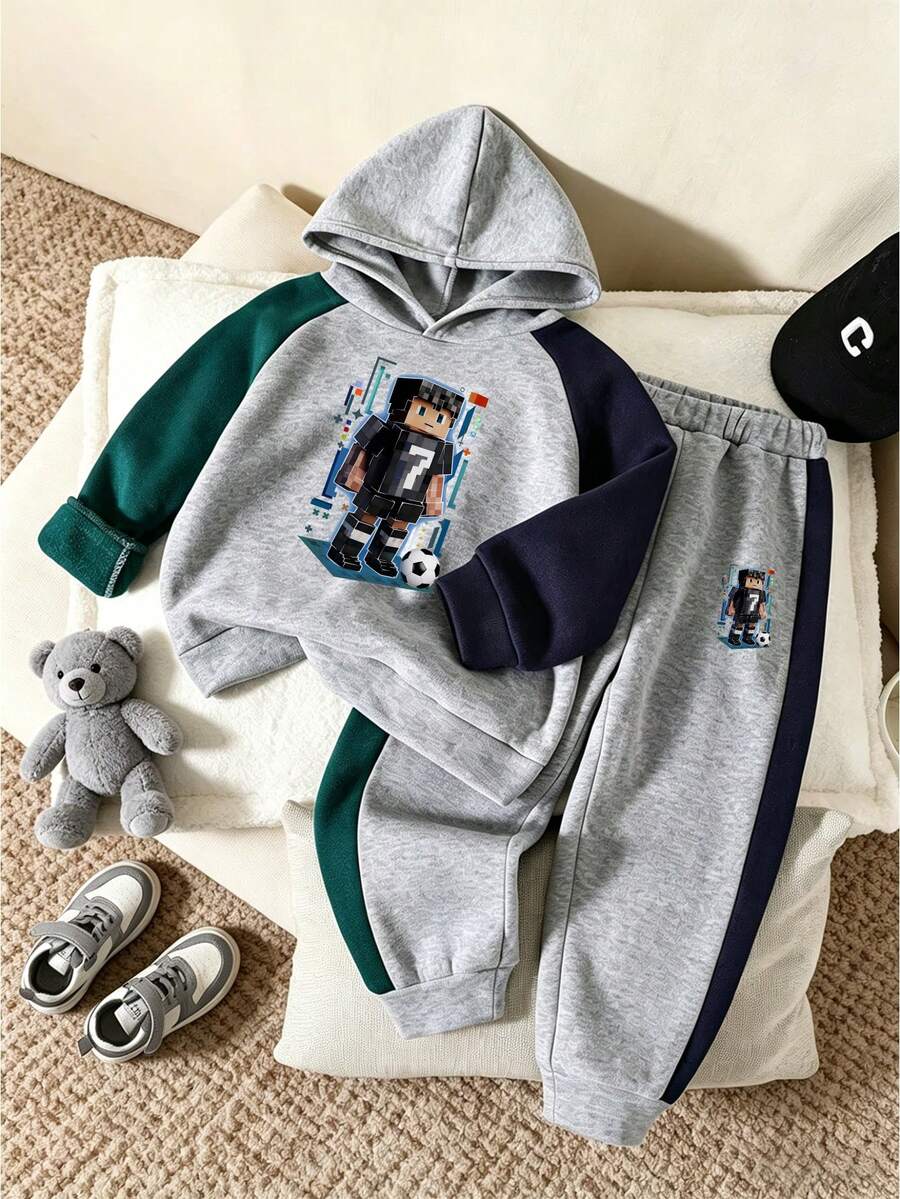 Young Boy Cartoon Print Warm Hoodie And Sweatpants Set - Grey - View 1
