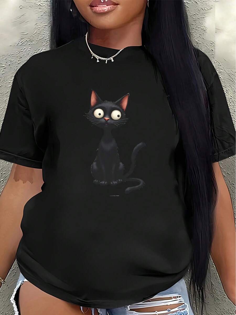 This Lightweight And Durable Short-Sleeved T-Shirt Features A Cute Black Cat Design And Is Perfect For Home, Work, Or Casual Outings, Offering A Comfortable Everyday Wear Experience. - 黑色 - 查看 1