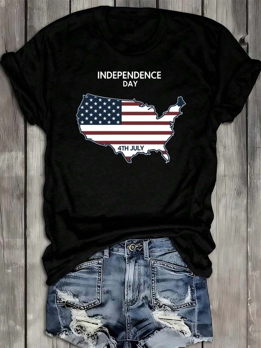 Camiseta Deportiva Casual para Mujer --Shirt Negra Elástica de Cuello Redondo con Diseño de DÍA DE LA INDEPENDENCIA y Mapa Rayado, Lavable aáquina, Ajuste Cómodo y Apta para Todas las Estaciones, para Celebraciones y Uso Diario. - Negro - Ver 1