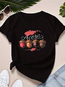 Women's Plus Size Breathable Short Sleeve T-Shirt Acorn Leaf - Casual Sports Top With Round Neck, Acorn And Oak Leaf Prints, Suitable For Fitness Training, Machine Washable, Ideal For Everyday Wear. - 黑色 - 查看 7