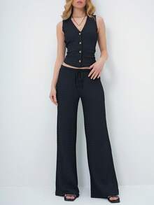 Women's Casual Commuting Minimalist Solid Color V-Neck Single-Breasted Fitted Cropped Tank Top And Drawstring Waist Straight Leg Pants Set - Black - View 8