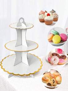 2pcs/1pc 3-Tier Paper Cupcake Stand, Round Paper Cake Display Rack, Dessert Tower And Food Display Stand, Cake Stand, Gold Serrated Edge, Suitable For Birthday Party, Wedding Decor, Back To School, Afternoon Tea, Wedding, Party - Multicolor - View 4
