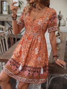 Vestido con estampado floral de cuello con cordón y fleco - Naranja - Ver 6