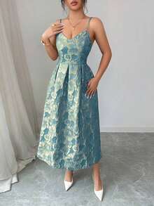 Elegant Women's Dress With Spaghetti Straps And Jacquard Print, Suitable For Wedding Guests, Galas And Parties; Elegant Women's Party Dress With V-Neck And Pleats - 黑色 - 查看 6