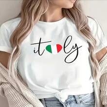 Camiseta de Manga Corta de Poliéster con Diseño de Corazón de Italia, Ligera y Duradera para Uso Casual en Restaurantes o en Casa, Ajuste Cómodo para Uso Diario, Estampado en la Tela S-XXXL - Blanco - Ver 1