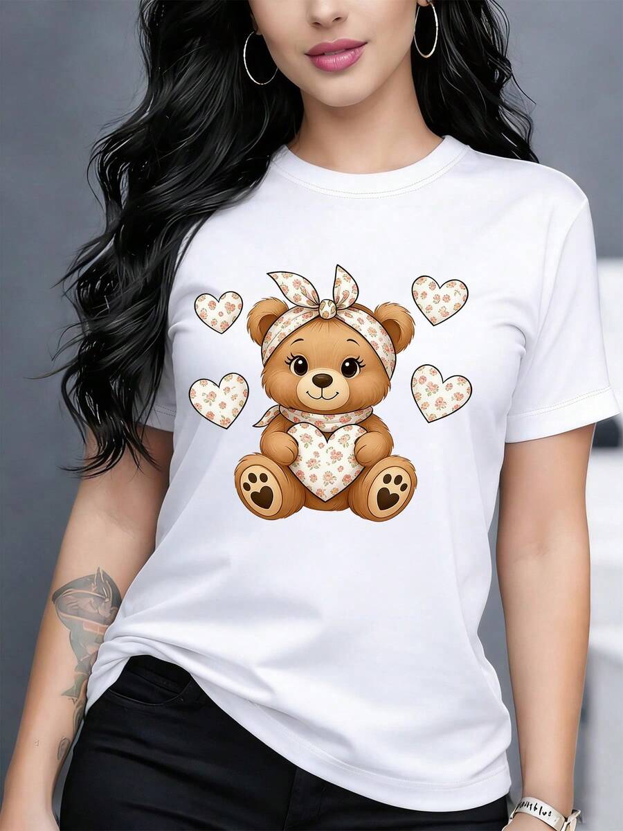 Camiseta de manga corta con cuello redondo para mujer, diseño de oso lindo sosteniendo un corazón con decoraciones de corazones, top casual