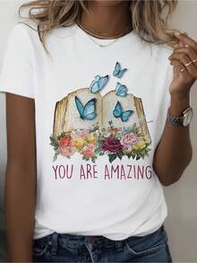 Women's Casual Blouse, Simple Style For Everyday Wear, Butterfly Floral Print T-Shirt - Top That Transmits Positive Energy - Soft Shirt For Everyday Wear - Ideal Gift For Birthdays And Anniversaries - White Casual Top, Inspirational Clothing, Artistic Design, Fine Stitching, Round Neck T-Shirt, The Choice Of A Fashion Lover. - 白色 - 查看 7