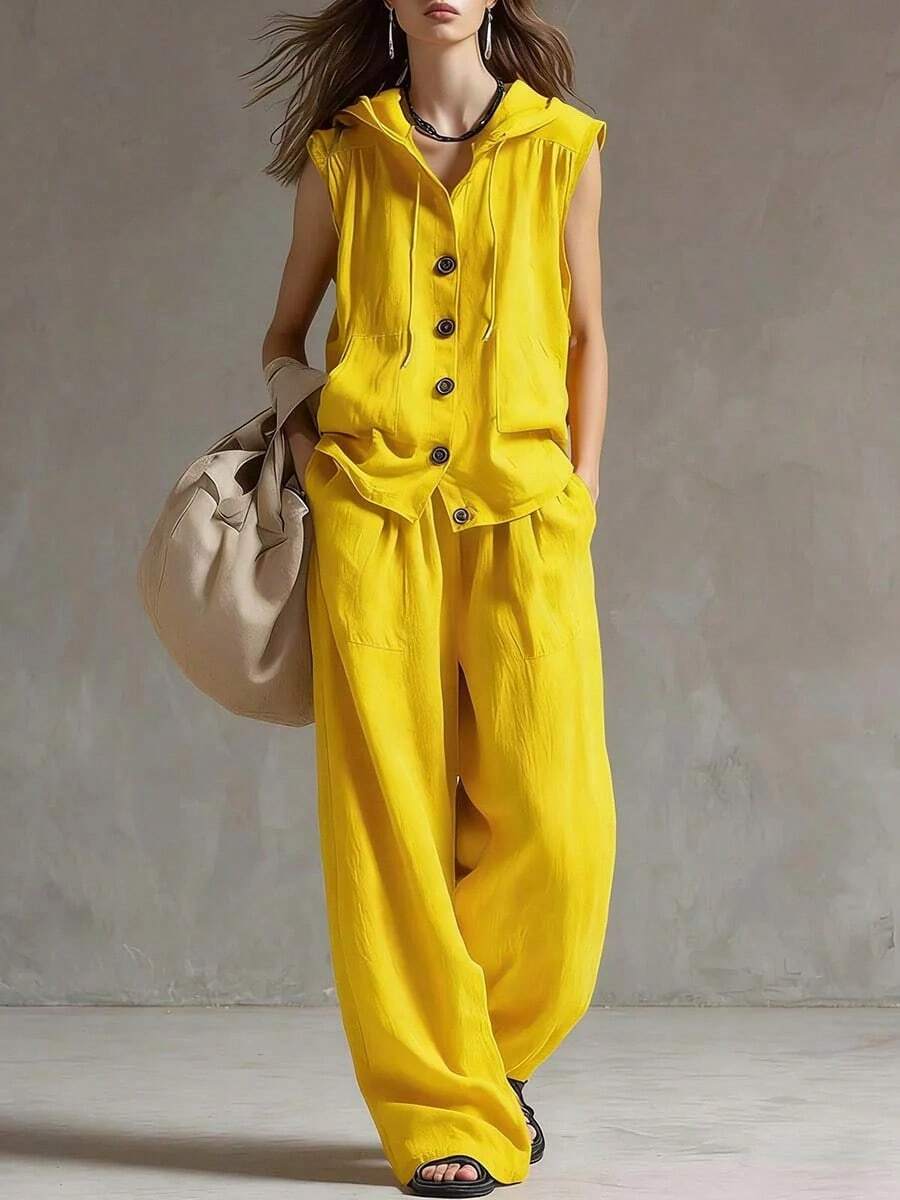 Fashionable Casual Two-Piece Set With Hood And Buttons, Sleeveless Top And Wide Leg Pants For Women - 黃色 - 查看 1