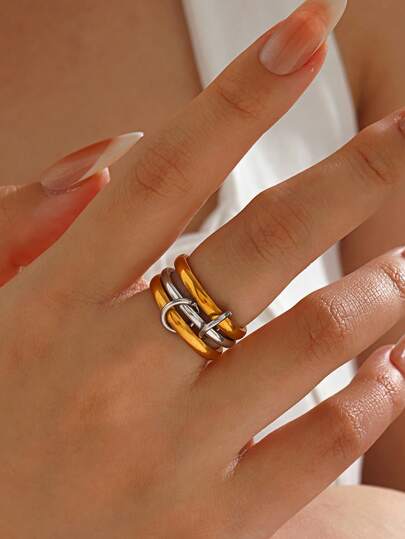 1 Stück 18K vergoldeter Edelstahl zarter personalisierter mehrschichtiger mehrfarbiger Goldring, bohemian Stil Geschenk, Strandoutfit, Geschenk, Ins Stil, Damenschmuck, vintage Goldringe, stapelbare Ringe, wasserfest & farbbeständig