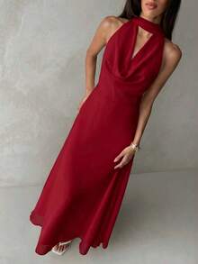 Vestido de mujer con cuello drapeado, línea A, fluido y con lazo en la espalda, color amarillo - Rojo - Ver 4