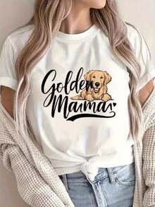 Women's Cotton T-Shirt With A Mom And Golden Retriever Print - Loose-Fitting Short-Sleeve Crew Neck Design For Summer Parties, Casual Style, Breathable And Comfortable, Soft And Comfortable Feel. Women's Y2K Graphic Print Short-Sleeve T-Shirt, Casual Style, Streetwear, Short-Sleeve Summer Tops, Breathable And Comfortable. - 白色 - 查看 11