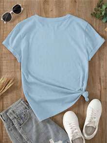 Women's Casual Summer T-Shirt, Round Neck, Fitted And Short Sleeve, With Oil Painting Print, Floral, Heart, Cherry And Letter Patterns. Simple Casual Fabric, Sporty Style, For Daily Wear And Valentine's Day Dates. - 黑色 - 查看 6