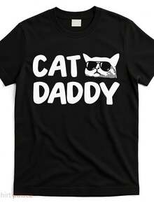 Men's Casual Graphic Print Crew Neck Short Sleeve T-Shirt, "Cat Daddy" T-Shirt, Fashionable, Soft And Comfortable T-Shirts, Summer Streetwear. - 黑色 - 查看 8