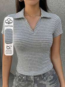 Camiseta casual de manga corta de ajuste ceñido, cuello de polo, lisa para mujer - Gris Claro - Ver 8