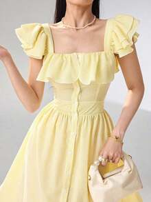 Vestido con cuello con volantes, abotonado, elegante y romántico para mujer - Amarillo - Ver 4