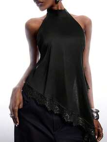 2026 Nuevo Top de Tirantes Minimalista de Primavera/Verano para Mujer, unicolor, Cuello Alto, Sin Mangas, Volantes, Bajo Asimétrico, Color Azul Marino - Negro - Ver 5