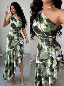 Vestido de mujer con un hombro, estampado teñido difuminado y diseño de volantes en el bajo irregular, vestido de primavera/verano, diseño de bajo irregular, elegante y de moda, adecuado para uso diario, bodas, banquetes, viajes diarios, fiestas de graduación, eventos festivos, vacaciones - Verde - Ver 3