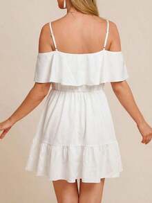 Vestido corto elegante de mujer con cuello en V, volantes, cintura y línea A, con estampado de lunares marrones y hombros descubiertos - Blanco 2 - Ver 2
