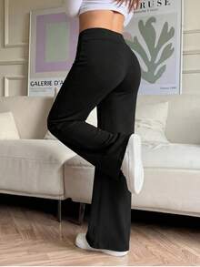 Pantalones rectos de cintura alta elástica de unicolor negro de estilo casual para primavera - Negro - Ver 3