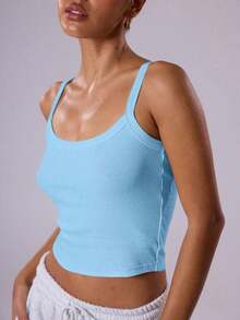 Camiseta de tirantes sencilla y lisa para mujer, básica casual para el día a día, parte de un armario cápsula, para uso diario, aeropuerto, vacaciones, vuelta al cole, elegante para primavera y verano, festivales - Azul - Ver 4