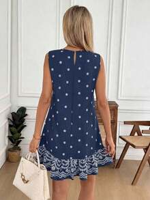 Vestido de línea A sin mangas con estampado floral y volante en el bajo, vestido casual, suelto y elegante para la oficina o vacaciones, para mujer, primavera/verano - Azul marino - Ver 2