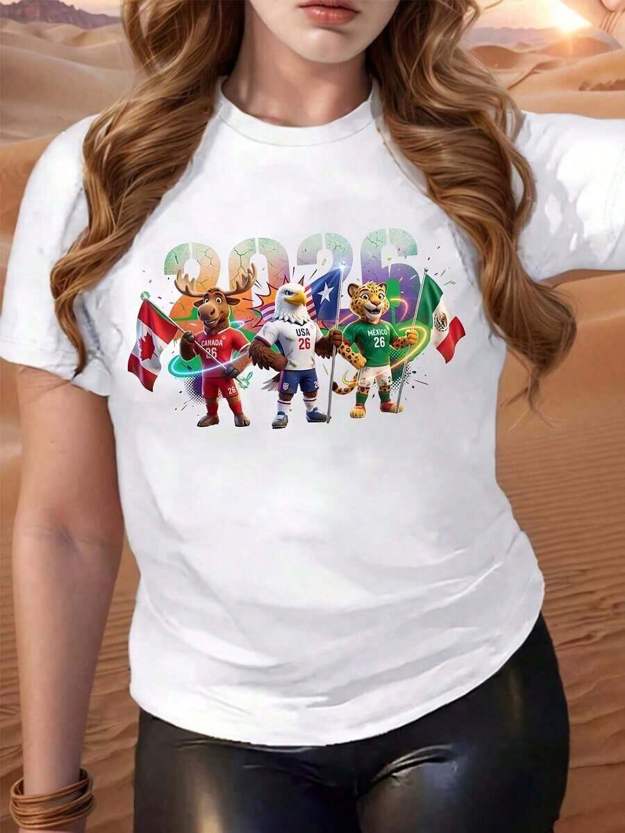 Camiseta Casual de Mujer con Diseño de Mascotas de Equipos de Fútbol para la Copa Mundial 2026, Ropa de Verano, Regalo para Aficionados al Deporte, Camiseta de Talla Grande para Mujer, Camiseta de la Copa Mundial 2026 - Blanco - Ver 1