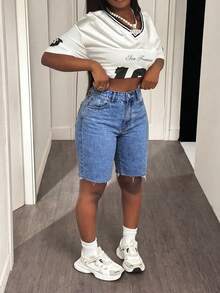 Plus Size Distressed Frayed Hem High Waist Stretchy Denim Capri Pants, Suitable For Dates, Outings, Summer Chic, Slimming, Retro Versatile All-Match Casual - Zhonglan - View 9