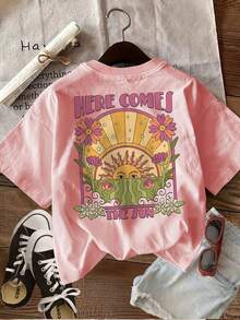 Women's Pop Art Style Summer Casual Top, Double-Sided Sun And Flower Graphic Print "HERE COMES THE SUN", Short Sleeve Crew Neck T-Shirt, Size LingK - 羅莎 - 查看 2