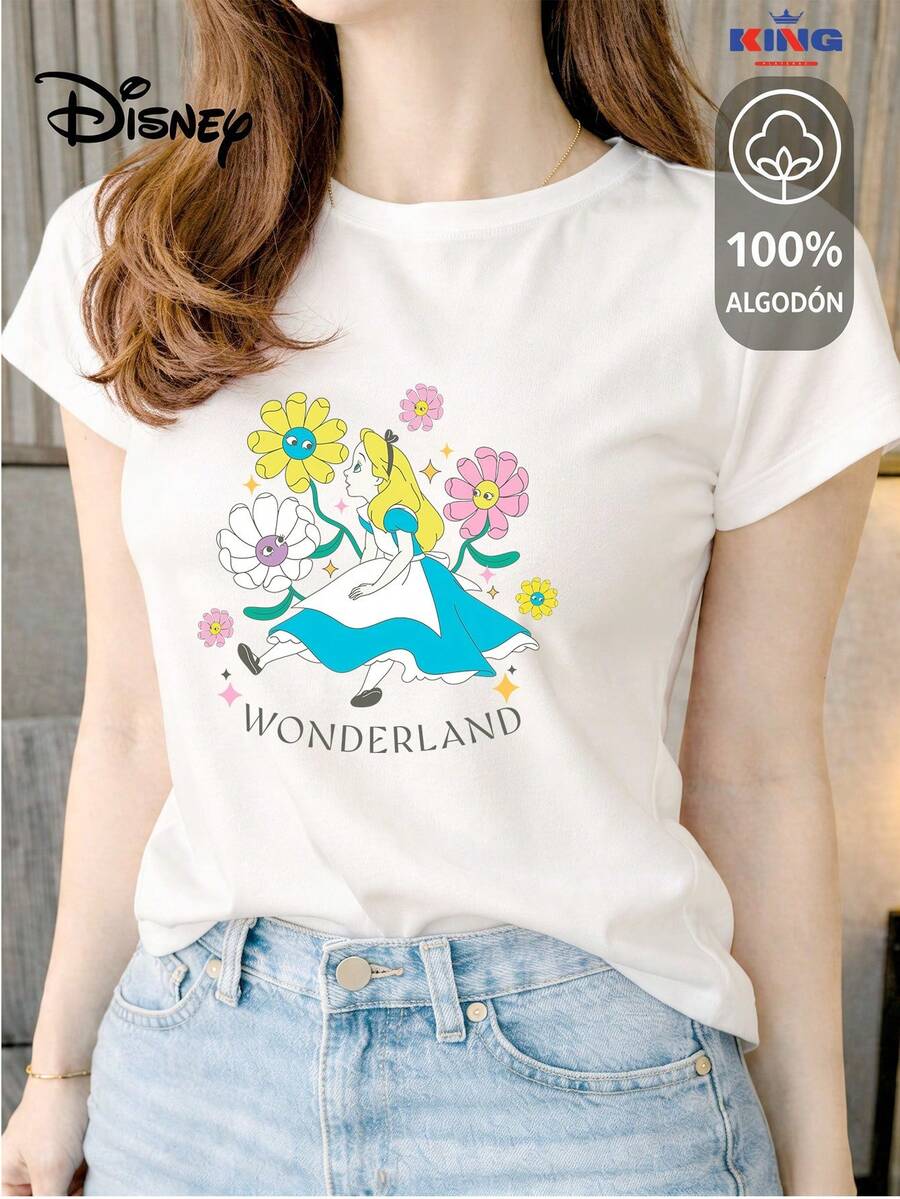Women's T-Shirt Made Of 100% High-Quality Cotton. This T-Shirt Guarantees Exceptional Softness To The Touch, With A Round Neck, "Disney Alice In Wonderland Flowers" Print, And Short Sleeves. - 白色 - 查看 1